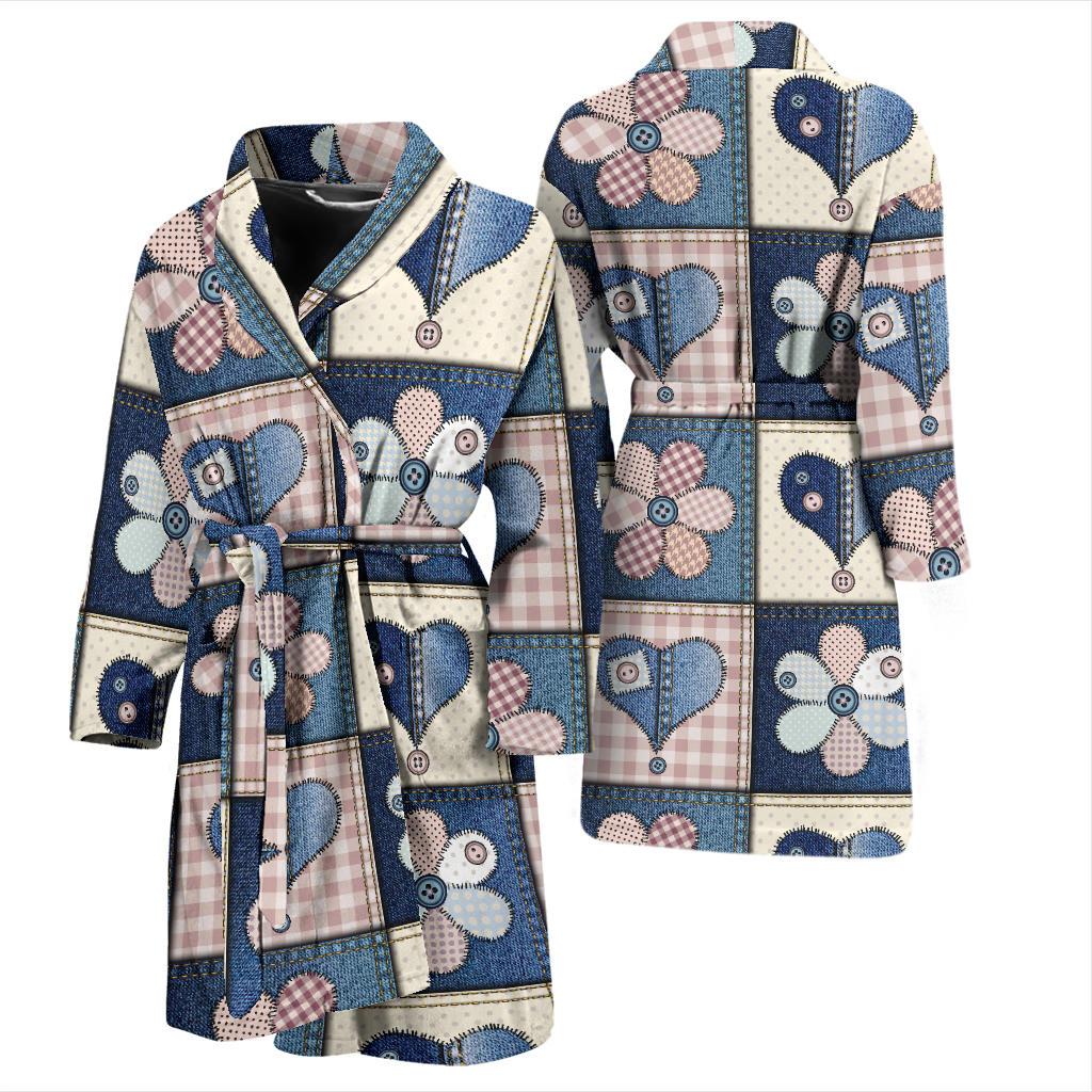 Patchwork Heart Flower Pattern Print Design 01 Men Bathrobe-JORJUNE.COM