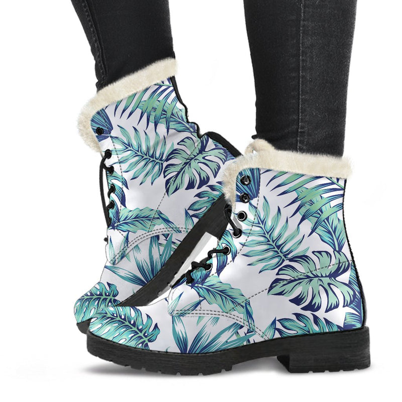 Pattern Tropical Palm Leaves Faux Fur Leather Boots