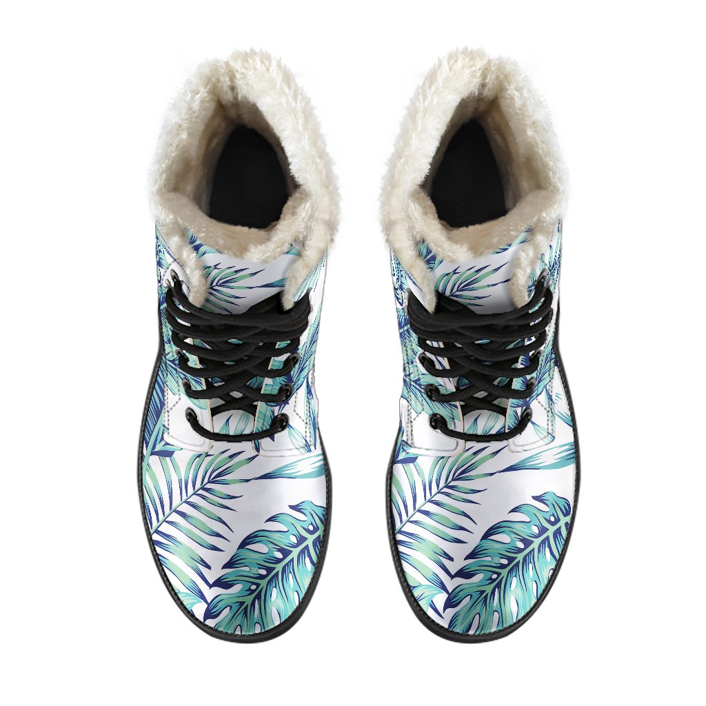 Pattern Tropical Palm Leaves Faux Fur Leather Boots