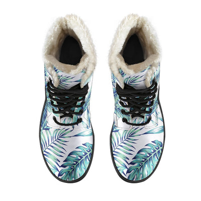 Pattern Tropical Palm Leaves Faux Fur Leather Boots