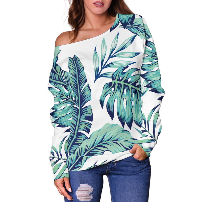 Pattern Tropical Palm Leaves Off Shoulder Sweatshirt