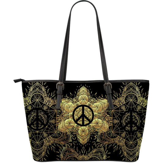 Peace sign Gold Mandala Large Leather Tote Bag