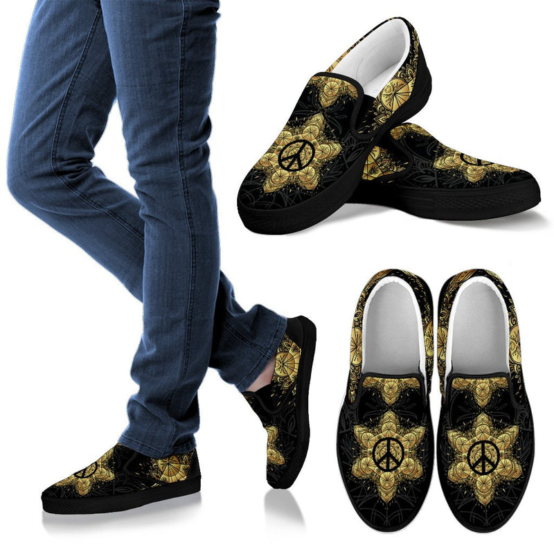 Peace sign Gold Mandala Men Canvas Slip On Shoes