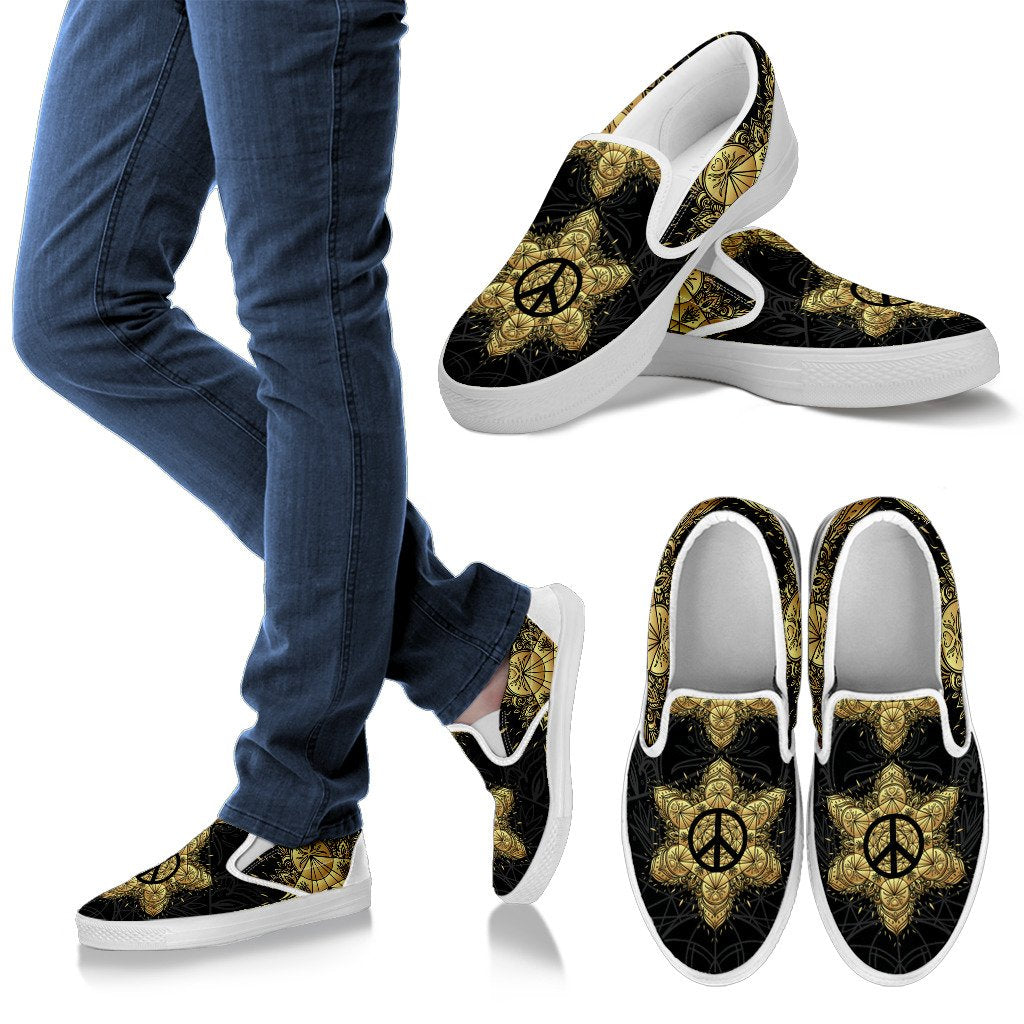 Peace sign Gold Mandala Men Canvas Slip On Shoes