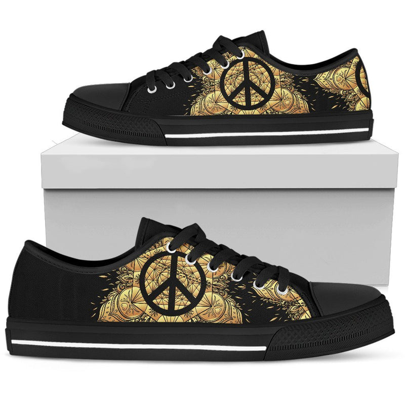 Peace sign Gold Mandala Women Low Top Canvas Shoes