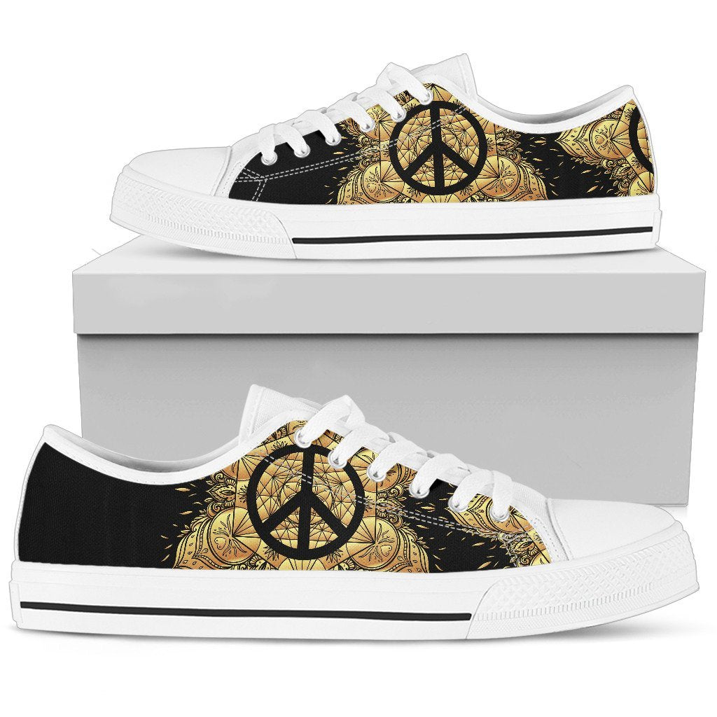 Peace sign Gold Mandala Women Low Top Canvas Shoes