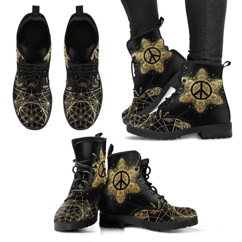 Peace Sign Gold Mandala Women & Men Leather Boots