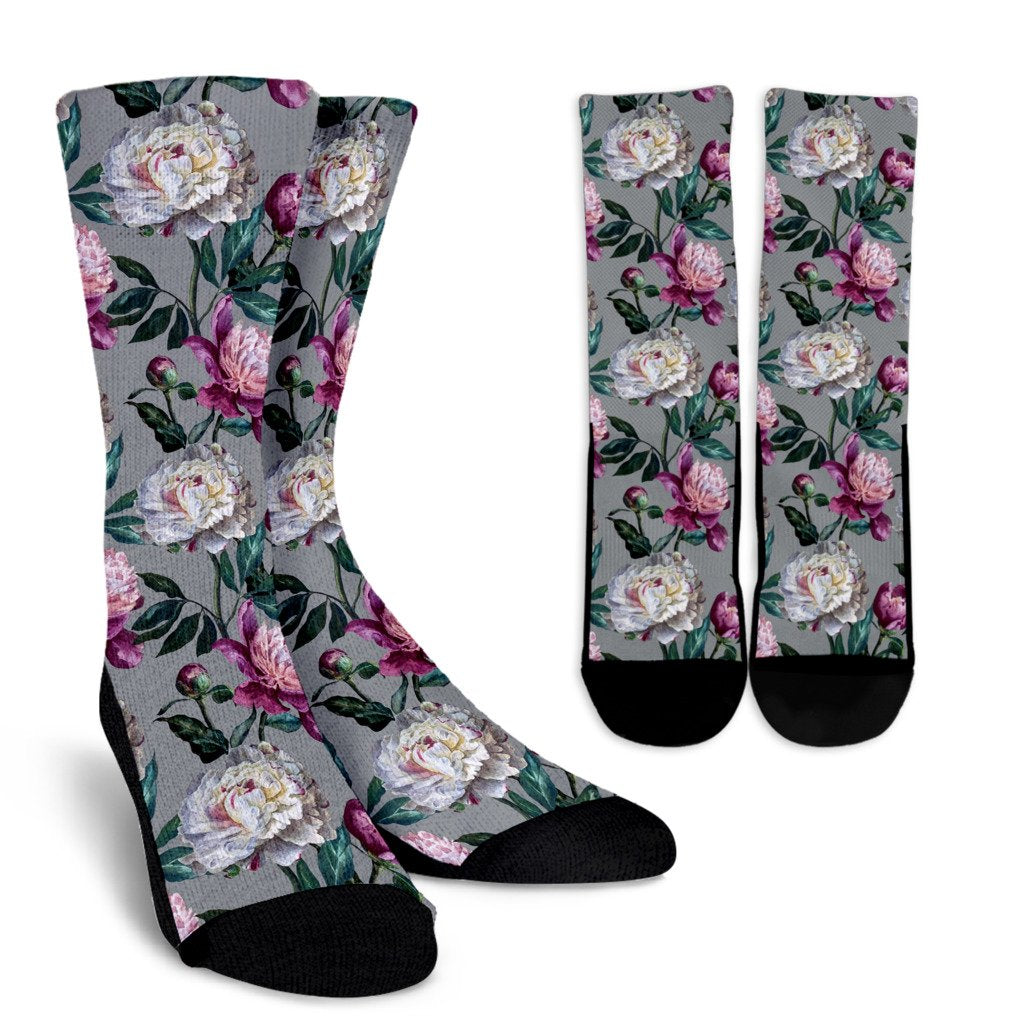 Peony Pattern Print Design PE01 Crew Socks-JORJUNE.COM