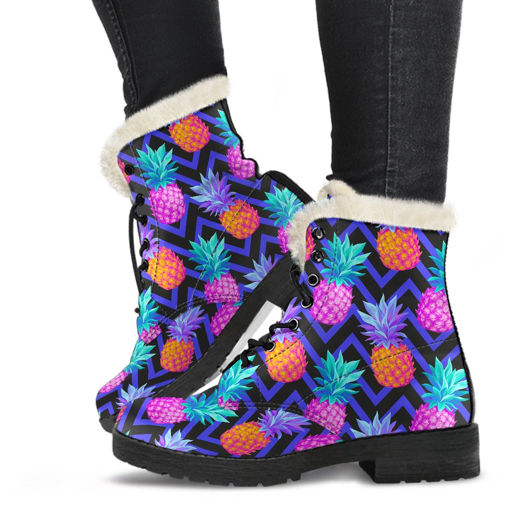 Pineapple Color Art Pattern Faux Fur Leather Boots