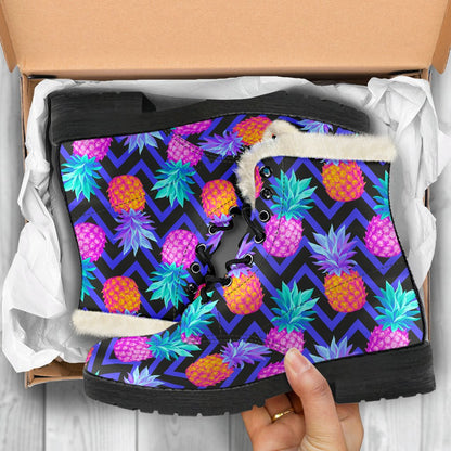 Pineapple Color Art Pattern Faux Fur Leather Boots