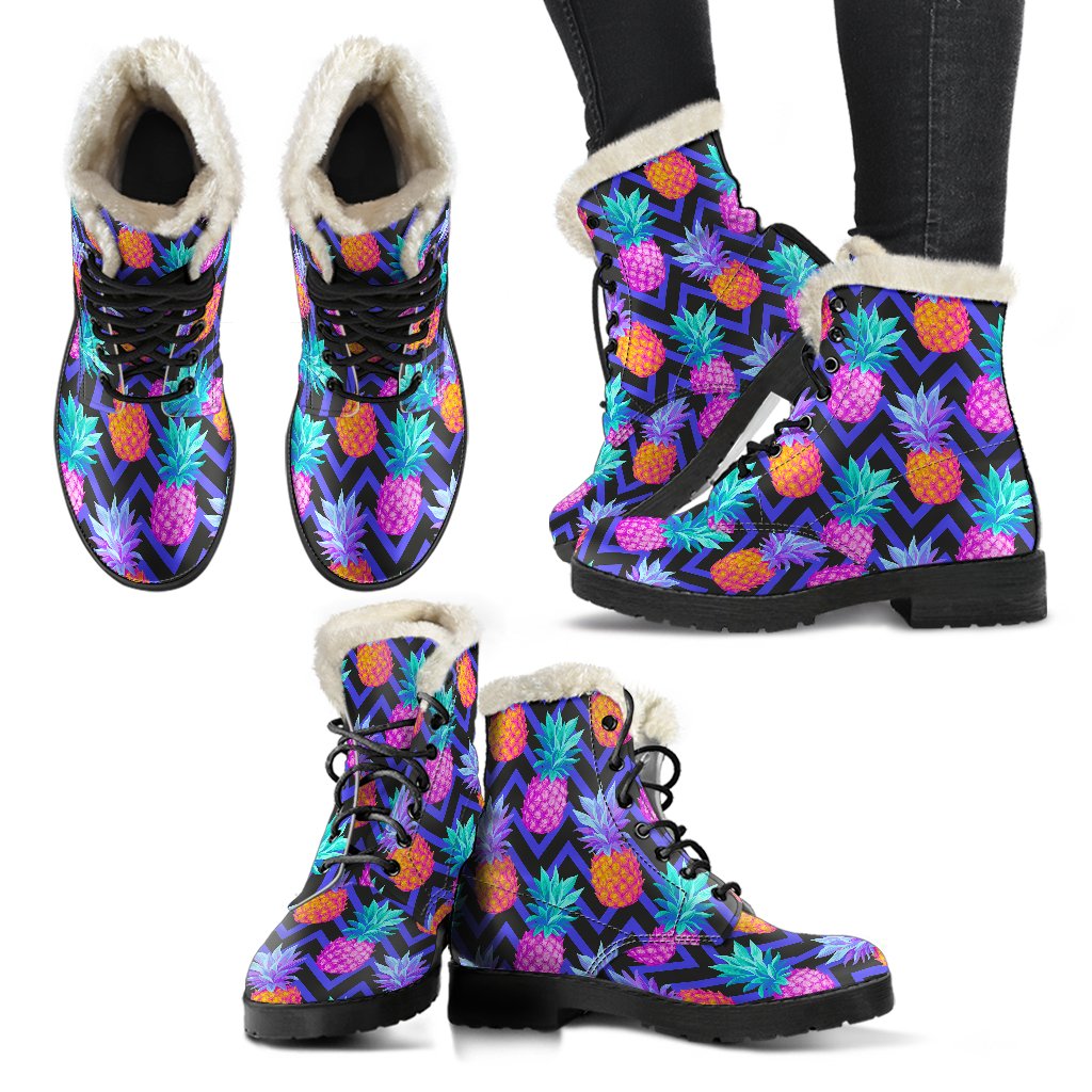 Pineapple Color Art Pattern Faux Fur Leather Boots