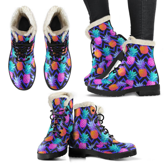 Pineapple Color Art Pattern Faux Fur Leather Boots