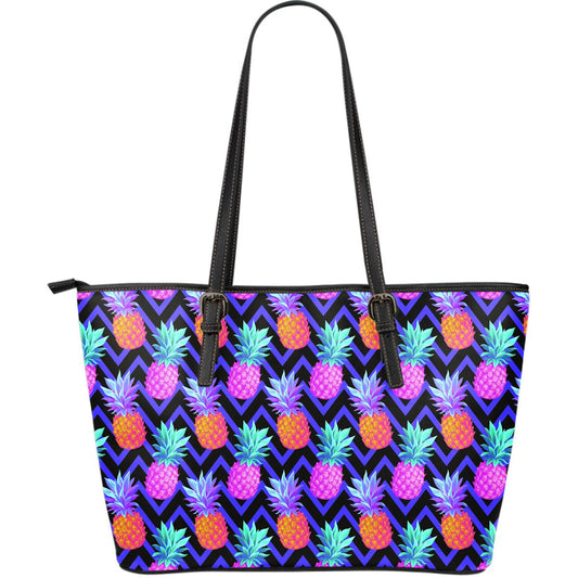 Pineapple Color Art Pattern Large Leather Tote Bag