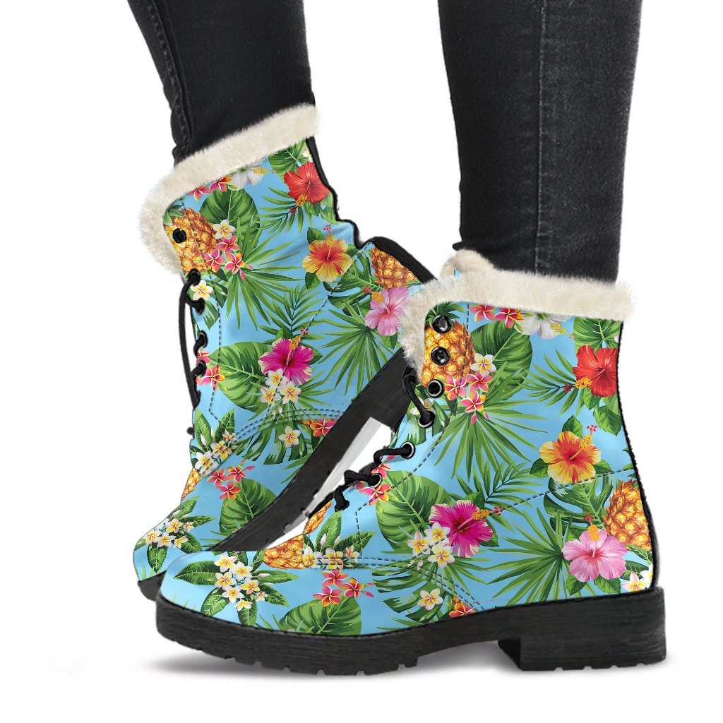 Pineapple Hawaiian flower Tropical Faux Fur Leather Boots