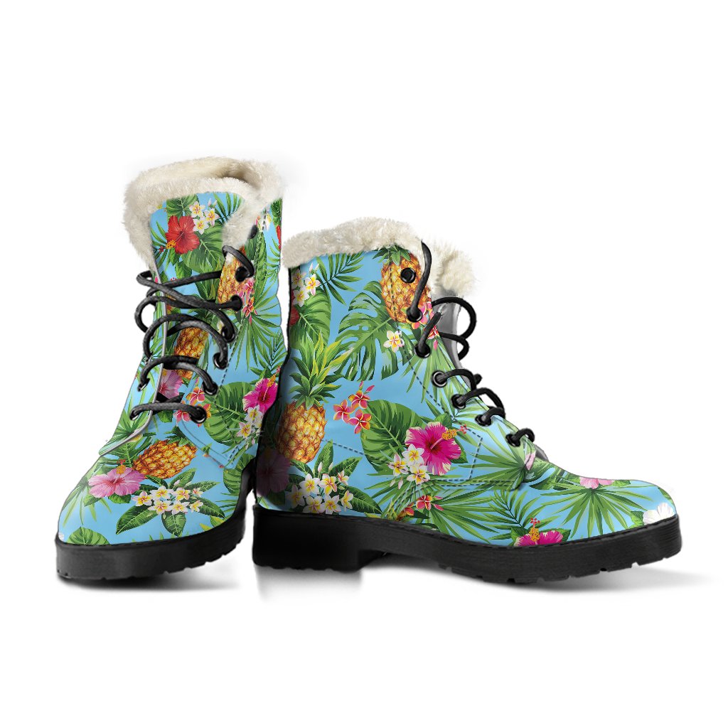 Pineapple Hawaiian flower Tropical Faux Fur Leather Boots