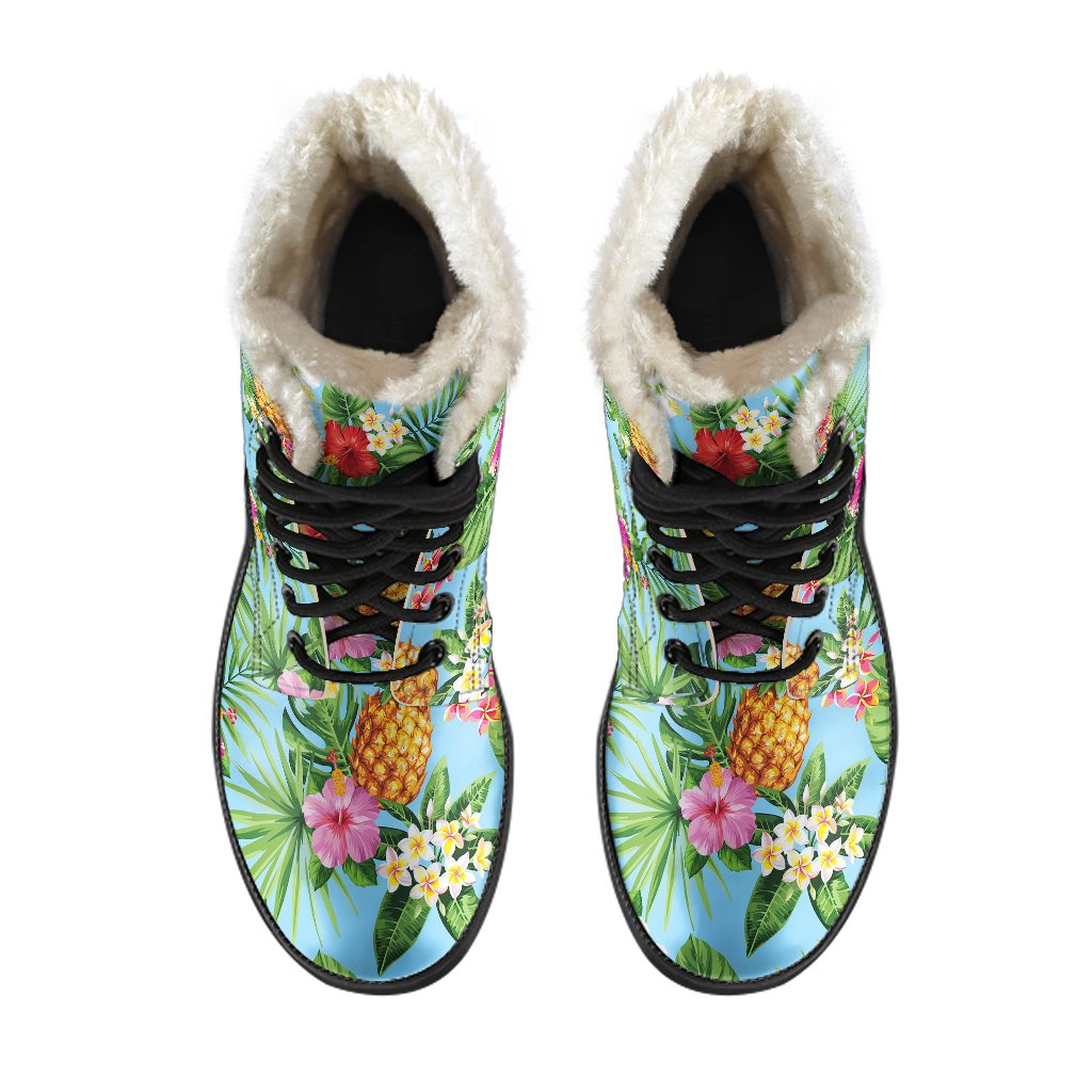Pineapple Hawaiian flower Tropical Faux Fur Leather Boots
