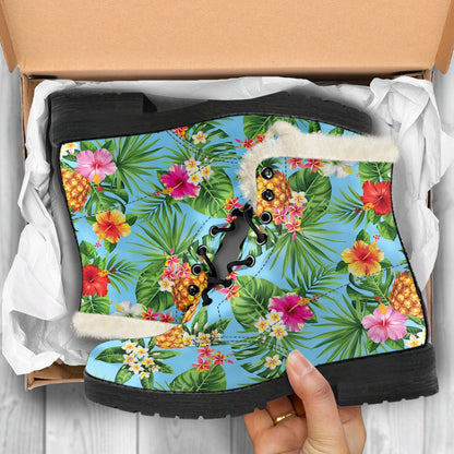 Pineapple Hawaiian flower Tropical Faux Fur Leather Boots