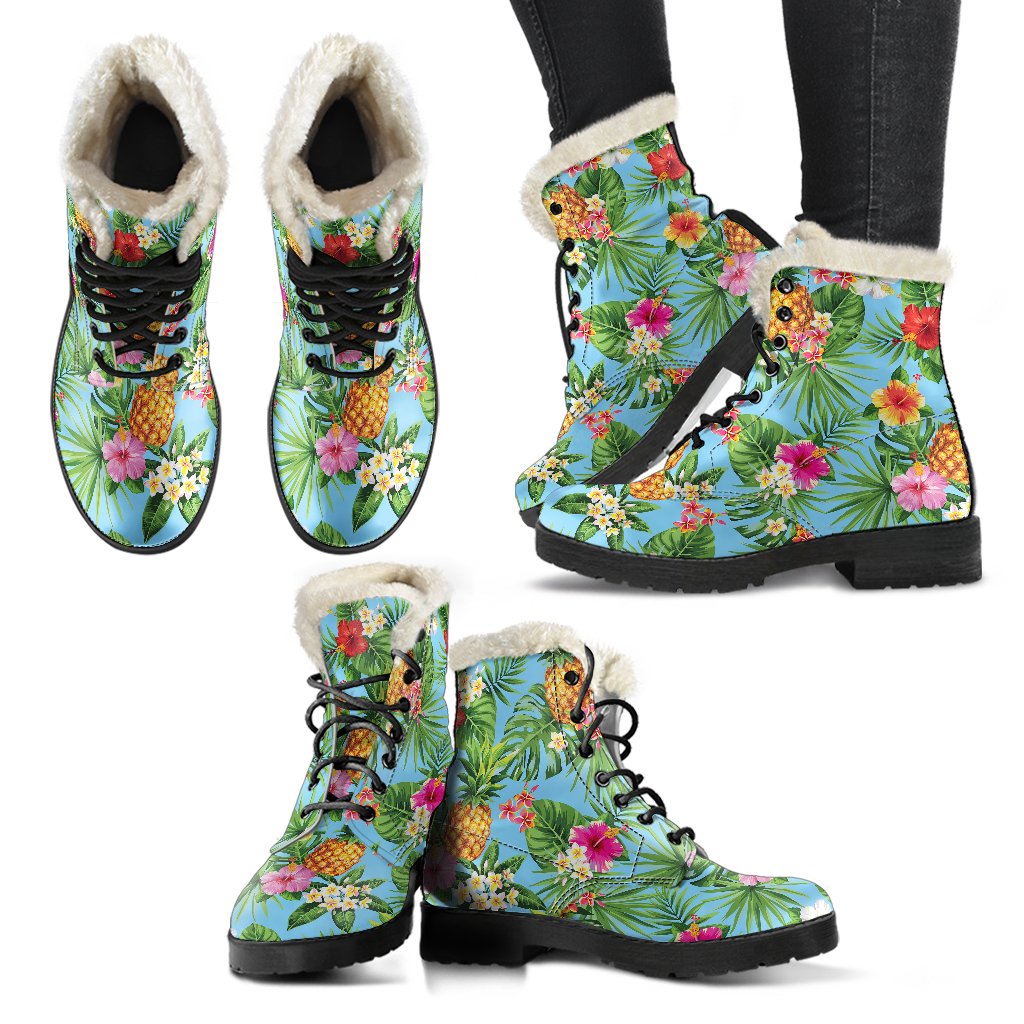 Pineapple Hawaiian flower Tropical Faux Fur Leather Boots