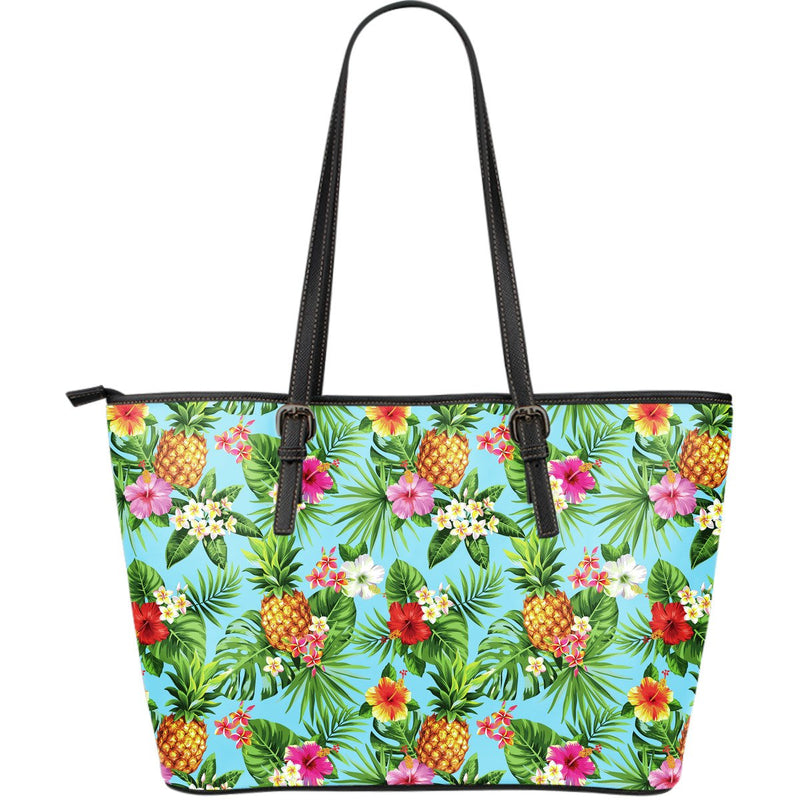 Pineapple Hawaiian flower Tropical Large Leather Tote Bag