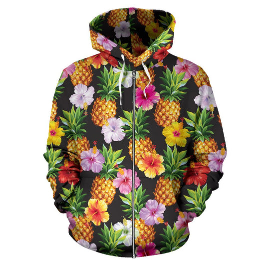 Pineapple Hibiscus All Over Zip Up Hoodie