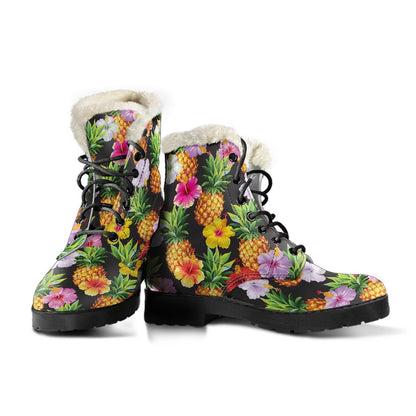 Pineapple Hibiscus Faux Fur Leather Boots