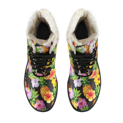 Pineapple Hibiscus Faux Fur Leather Boots