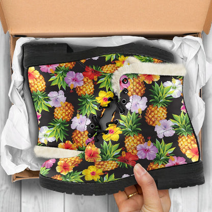 Pineapple Hibiscus Faux Fur Leather Boots