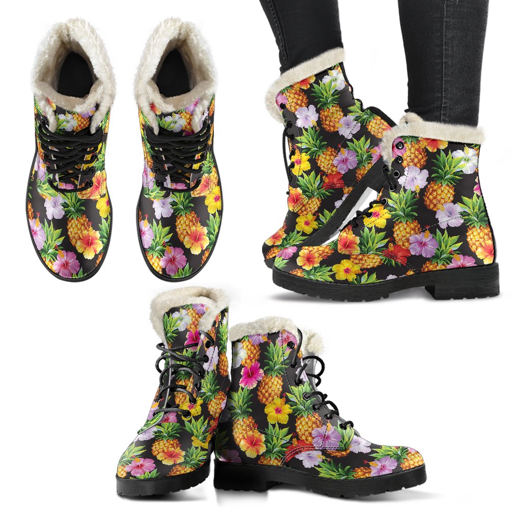 Pineapple Hibiscus Faux Fur Leather Boots