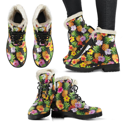 Pineapple Hibiscus Faux Fur Leather Boots
