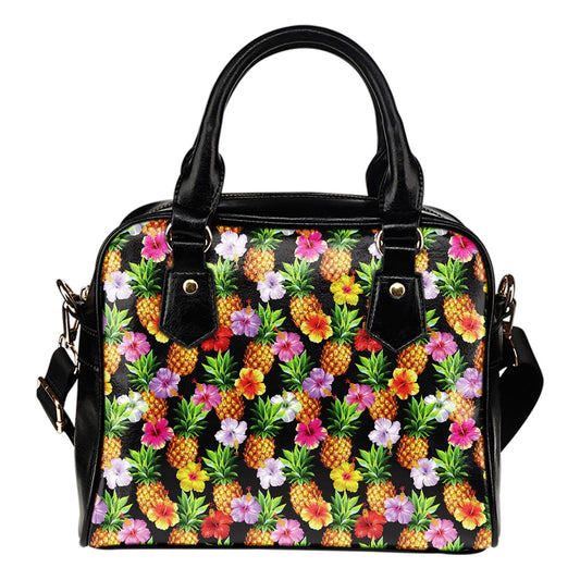 Pineapple Hibiscus Leather Shoulder Handbag