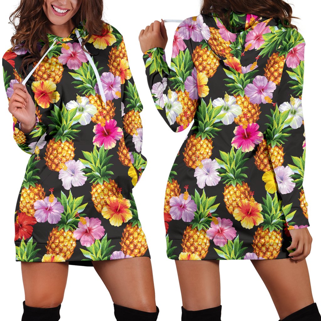 Pineapple Hibiscus Women Hoodie Dress