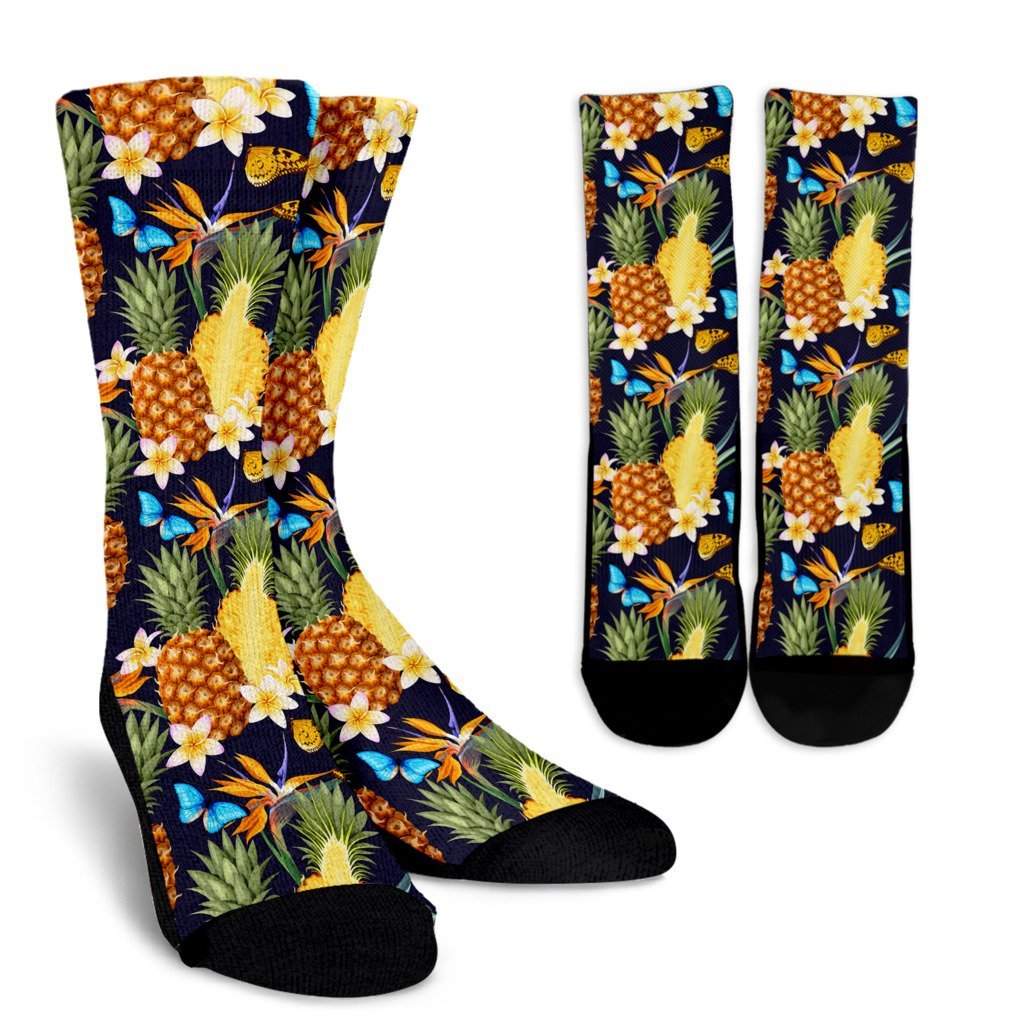 Pineapple Butterfly plumeria Tropical Crew Socks