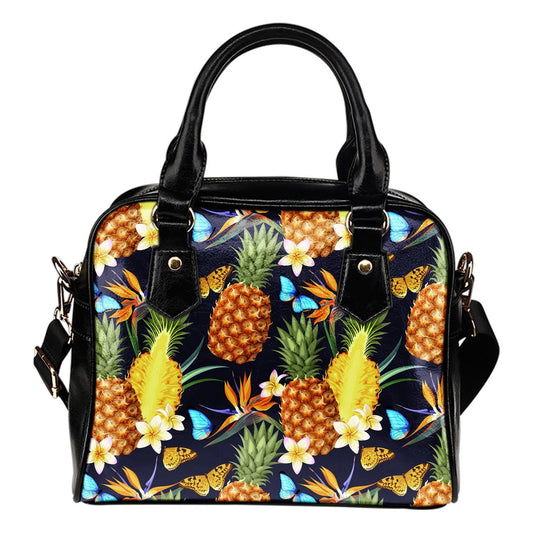 Pineapple Butterfly Plumeria Tropical Leather Shoulder Handbag