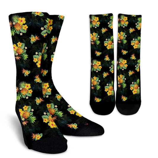 Pineapple Tropical Flower Print Pattern Crew Socks-JORJUNE.COM