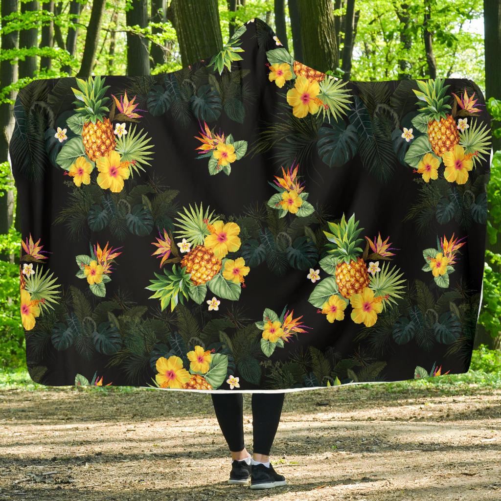 Pineapple Tropical Flower Print Pattern Hooded Blanket-JORJUNE.COM