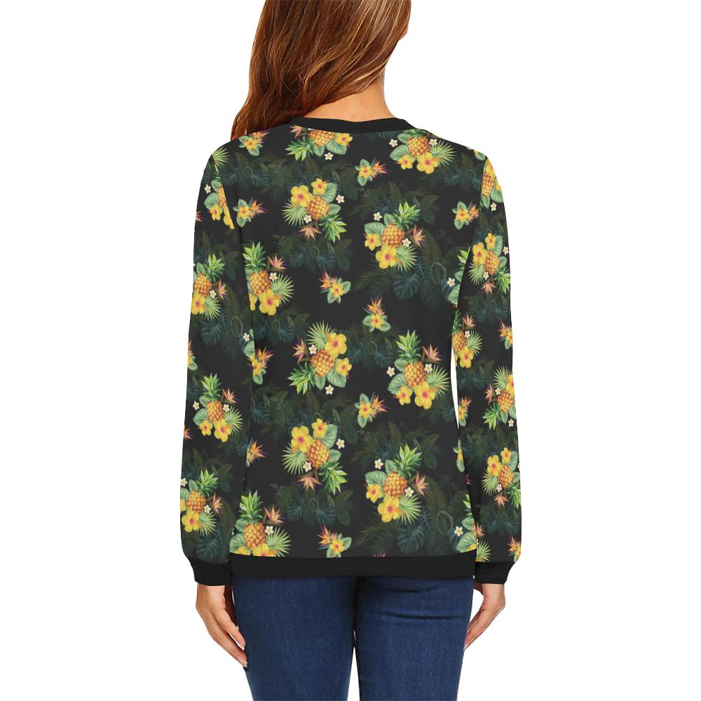 Pineapple Tropical Flower Print Pattern Women Long Sleeve Sweatshirt-JorJune