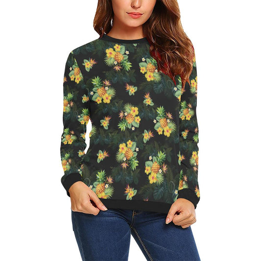Pineapple Tropical Flower Print Pattern Women Long Sleeve Sweatshirt-JorJune