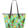 Hibiscus Pineapple Hawaiian Tropical Large Leather Tote Bag