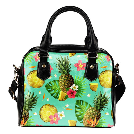 Hibiscus Pineapple Hawaiian Tropical Leather Shoulder Handbag