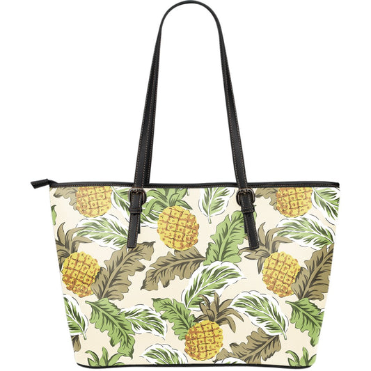 Pineapple Vintage Tropical leaves Large Leather Tote Bag