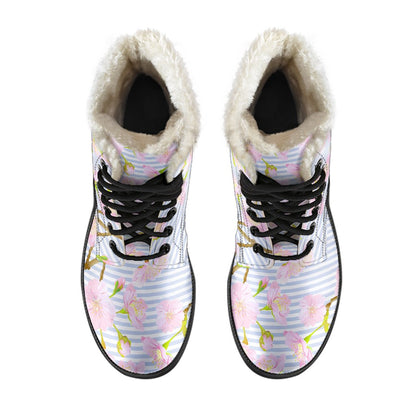 Pink Cherry Blossom Sakura Faux Fur Leather Boots