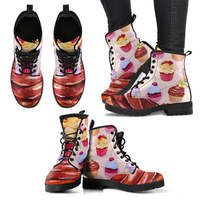 Pink Cupcake Pattern Women & Men Leather Boots