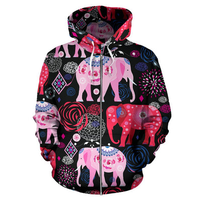 Pink Elephant Pattern All Over Zip Up Hoodie