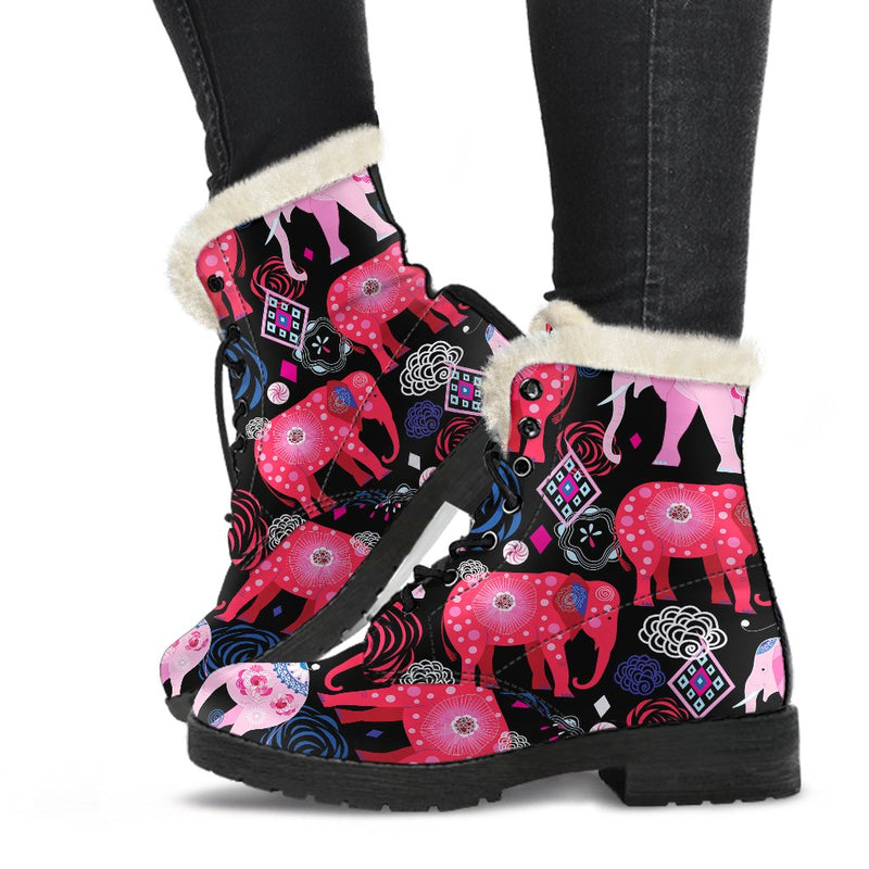 Pink Elephant Pattern Faux Fur Leather Boots