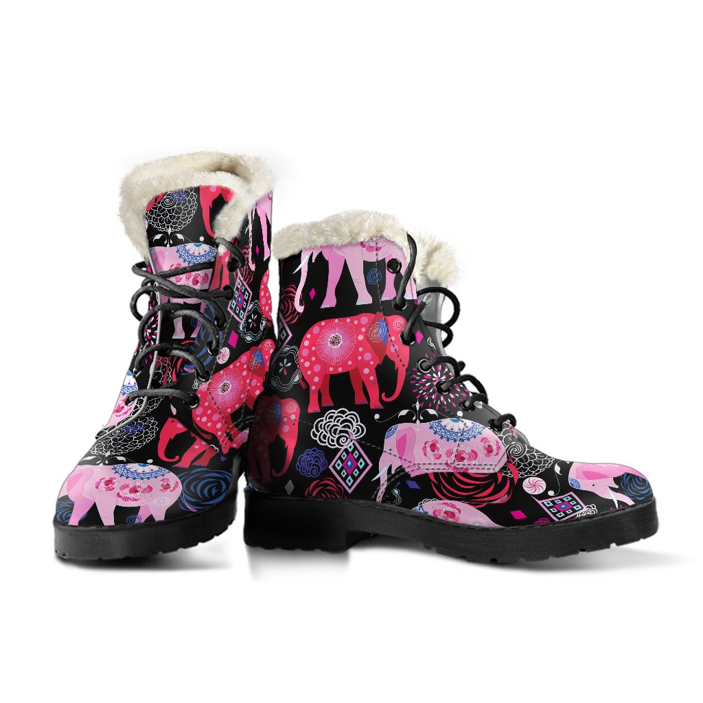 Pink Elephant Pattern Faux Fur Leather Boots
