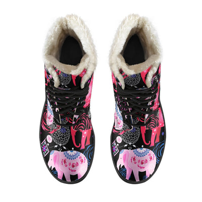 Pink Elephant Pattern Faux Fur Leather Boots