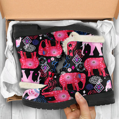 Pink Elephant Pattern Faux Fur Leather Boots