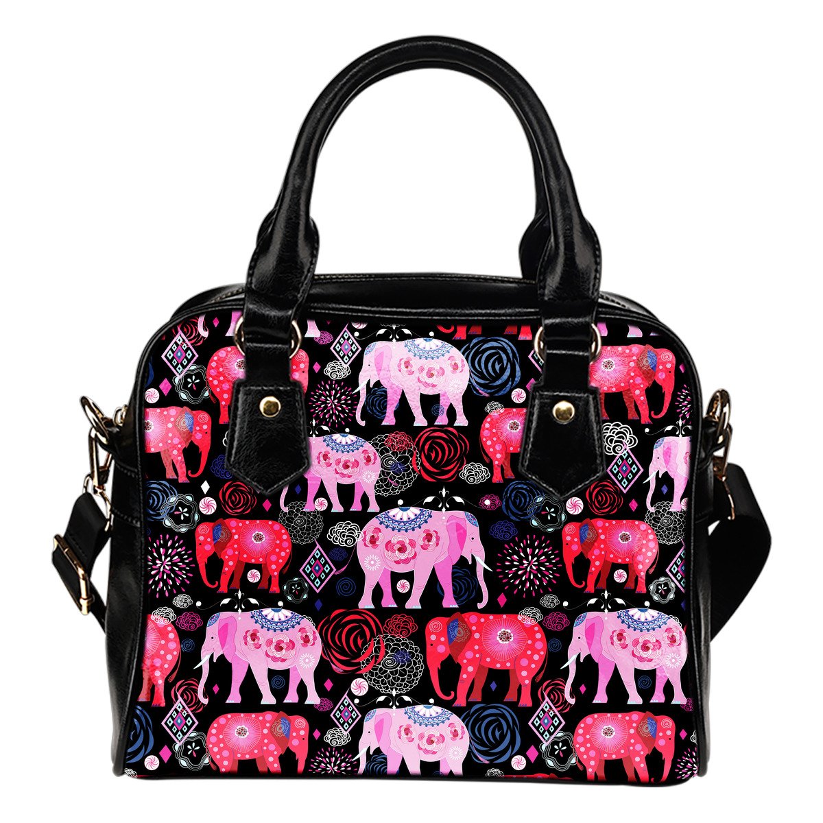 Pink Elephant Pattern Leather Shoulder Handbag