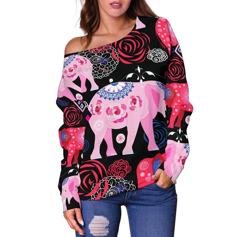 Pink Elephant Pattern Off Shoulder Sweatshirt