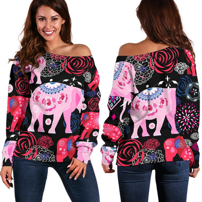 Pink Elephant Pattern Off Shoulder Sweatshirt